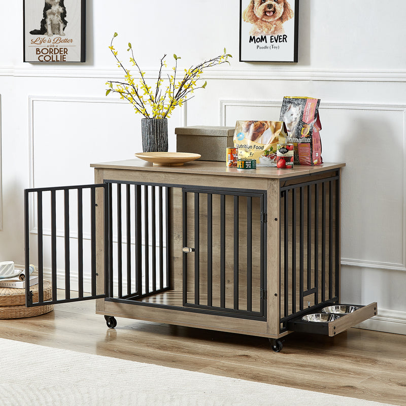 Furniture Style Dog Crate Side Table With Feeding Bowl, Wheels, Three Doors, Flip-Up Top Opening. Indoor, Rustic Brown, Grey