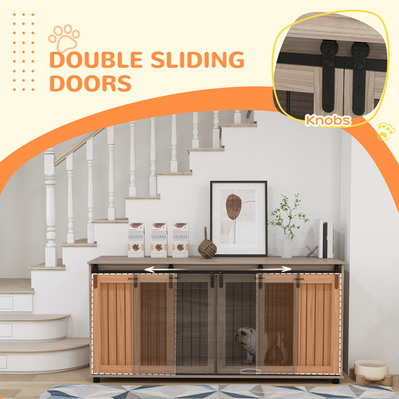 Dog Crate Furniture with Removable Divider for 2 Small Dogs or 1 Large Dog, 71" Modern Dog Kennel Furniture End Table with Storage, Double Doors, Walnut