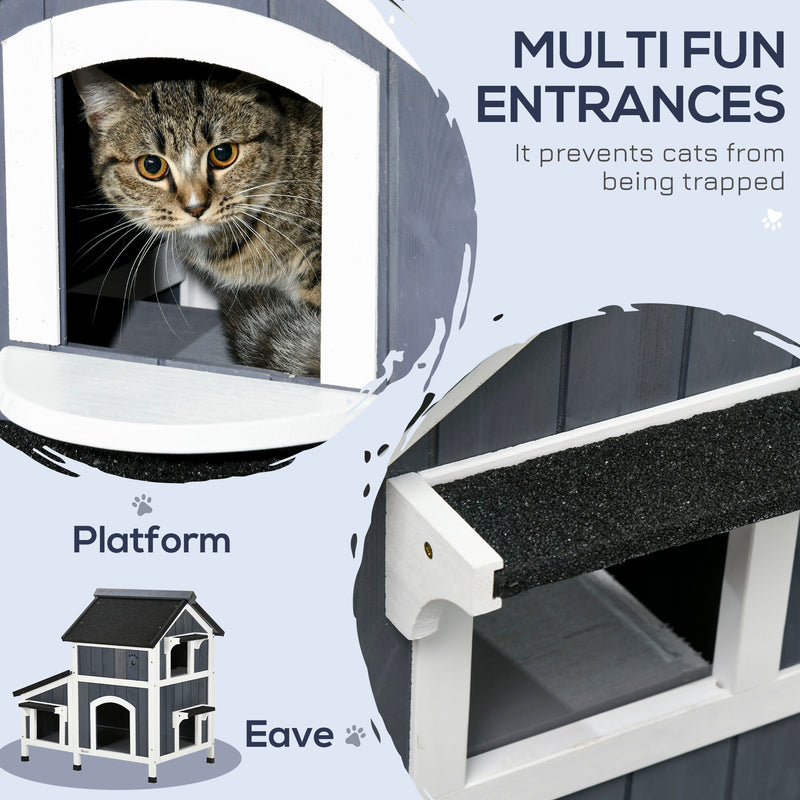 Outdoor Cat House with Weather-resistant Roof & Garden Bed, Outdoor Cat Shelter Enclosure with Multiple Entrances, Modern Cat Furniture Hideout, Cat Gifts, Gray