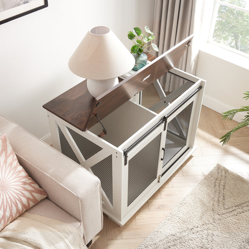 Farmhouse Dog Cage Crate Furniture with Sliding Barn Door, Farmhouse Wooden Dog Kennel End Table with Flip-top Plate Dog House with Detachable Divider for Small/Medium/Large Dog White