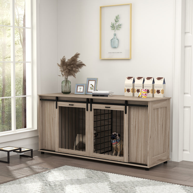Dog Crate Furniture with Removable Divider for 2 Small Dogs or 1 Large Dog, 71" Modern Dog Kennel Furniture End Table with Storage, Double Doors, Walnut