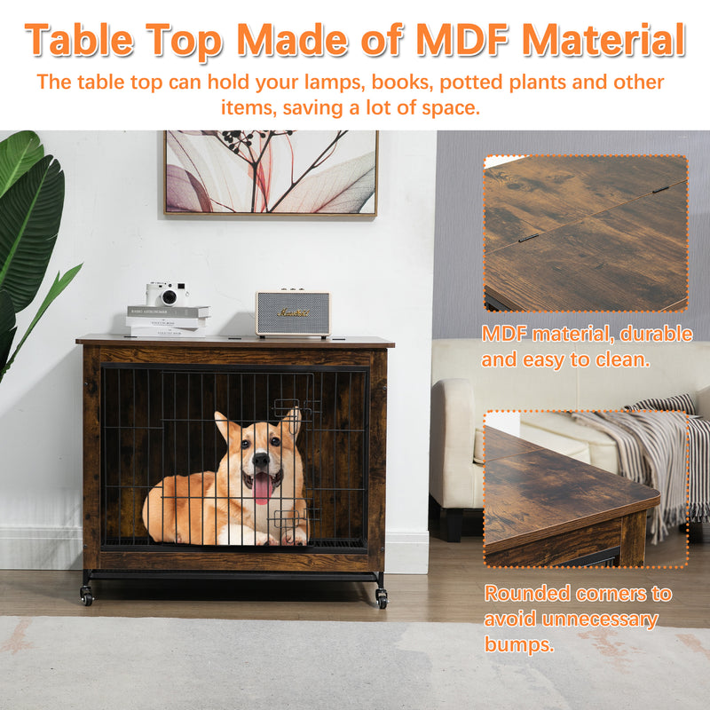 Dog Crate Furniture , Heavy Duty Wooden Dog Kennel with Double Doors & Flip-Top for Large Dogs, Furniture Style Dog Crate End Table with Wheels