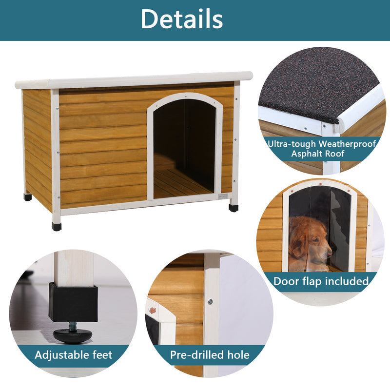Medium Wooden Outdoor Dog House, Waterproof Roof, Elevated Floor, Adjustable Plastic Feet, Red, Grey, Yellow