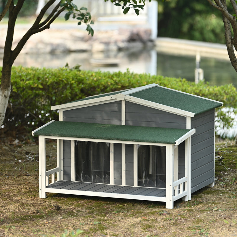 47.2" Large Wooden Dog House Outdoor, Outdoor & Indoor Dog Crate, Cabin Style, With Porch, 2 Doors, Gray And Green