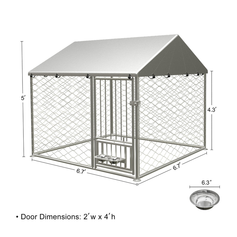 Large outdoor kennel, heavy duty outdoor fenced dog cage with swivel feeder, outdoor dog playpen with waterproof UV protection cover and safety lock,6.67'w x 6.67'd x 5'h