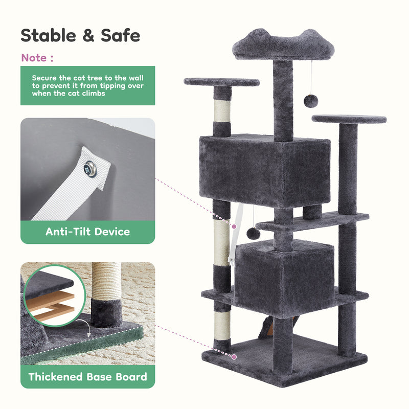 54inch Cat tree, indoor cat high-rise multi-story tower, pet playroom with large apartment, dark grey