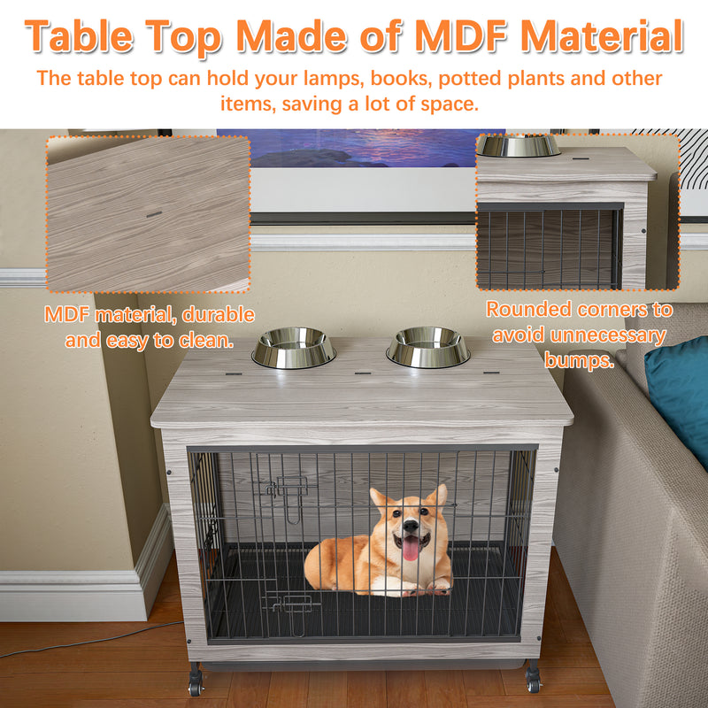 Dog Crate Furniture , Heavy Duty Wooden Dog Kennel with Double Doors & Flip-Top for Large Dogs, Furniture Style Dog Crate End Table with Wheels