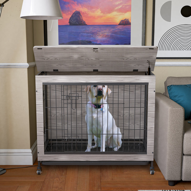 Dog Crate Furniture , Heavy Duty Wooden Dog Kennel with Double Doors & Flip-Top for Large Dogs, Furniture Style Dog Crate End Table with Wheels