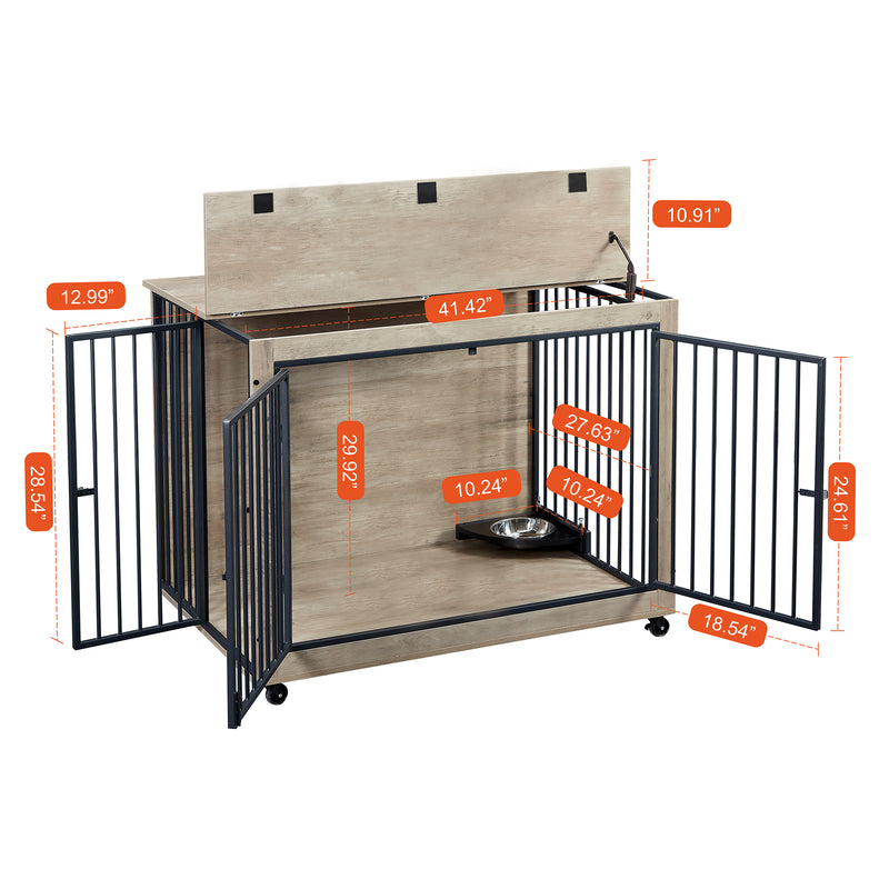 Furniture Style Dog Crate Side Table With Rotatable Feeding Bowl, Wheels, Three Doors, Flip-Up Top Opening. Indoor, Rustic Brown, Grey