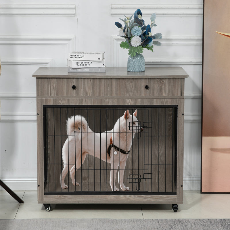 Dog Crate Furniture, Wooden Dog Crate End Table, Dog Kennel with 2 Drawers Storage, Heavy Duty Dog Crate, Decorative Pet Crate Dog Cage for Large Indoor Use
