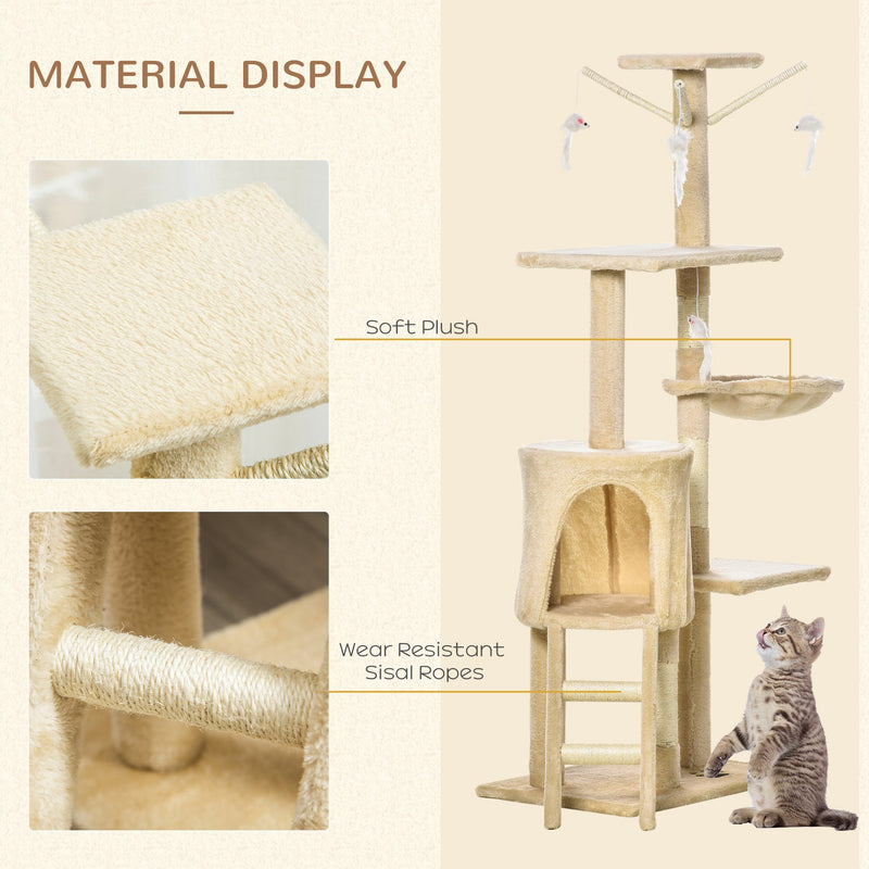 53" Plush Sturdy Interactive Cat Condo Tower Scratching Post Activity Tree House - Beige