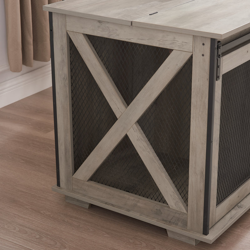 Dog Cage Crate Furniture with Sliding Barn Door, Farmhouse Wooden Dog Kennel End Table with Flip-top Plate Dog House with Detachable Divider for Small/Medium/Large Dog