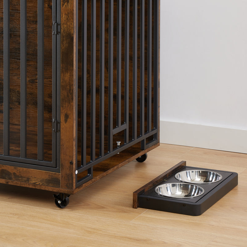 Furniture Style Dog Crate Side Table With Feeding Bowl, Wheels, Three Doors, Flip-Up Top Opening. Indoor, Rustic Brown, Grey