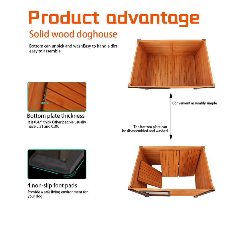 45" winter warm outdoor indoor dog house, made of solid wood, plastic curtain, insulation mat.
