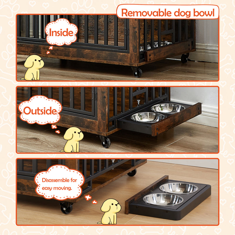 Furniture Style Dog Crate Side Table With Feeding Bowl, Wheels, Three Doors, Flip-Up Top Opening. Indoor, Rustic Brown, Grey