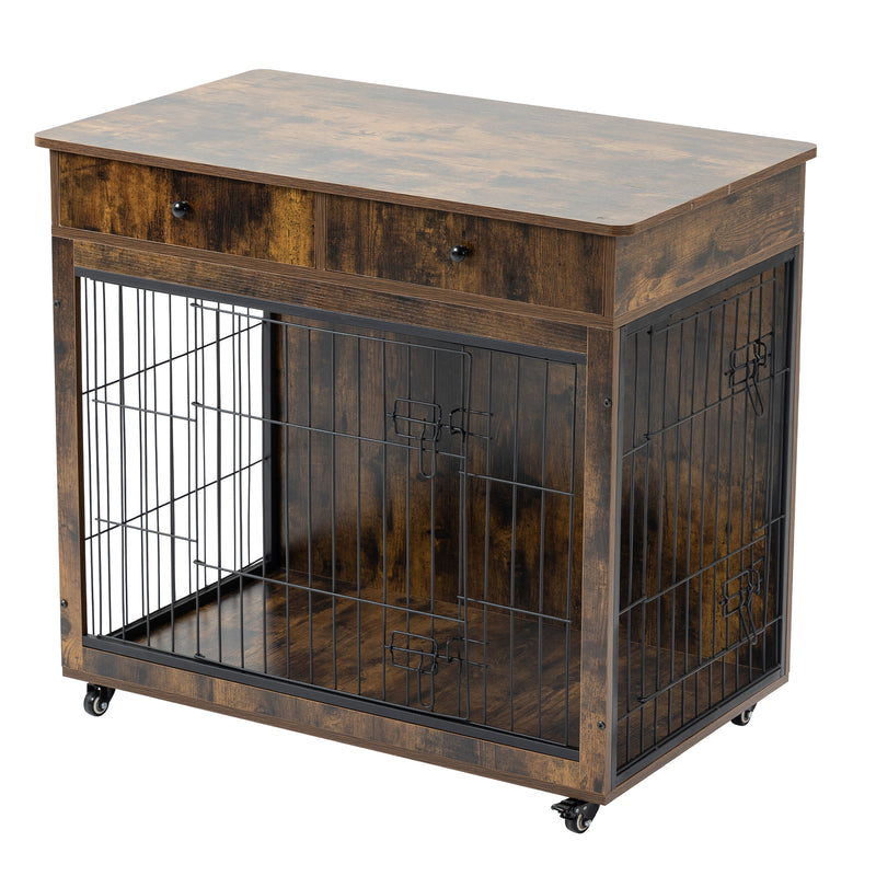 Dog Crate Furniture, Wooden Dog Crate End Table, Dog Kennel with 2 Drawers Storage, Heavy Duty Dog Crate, Decorative Pet Crate Dog Cage for Large Indoor Use
