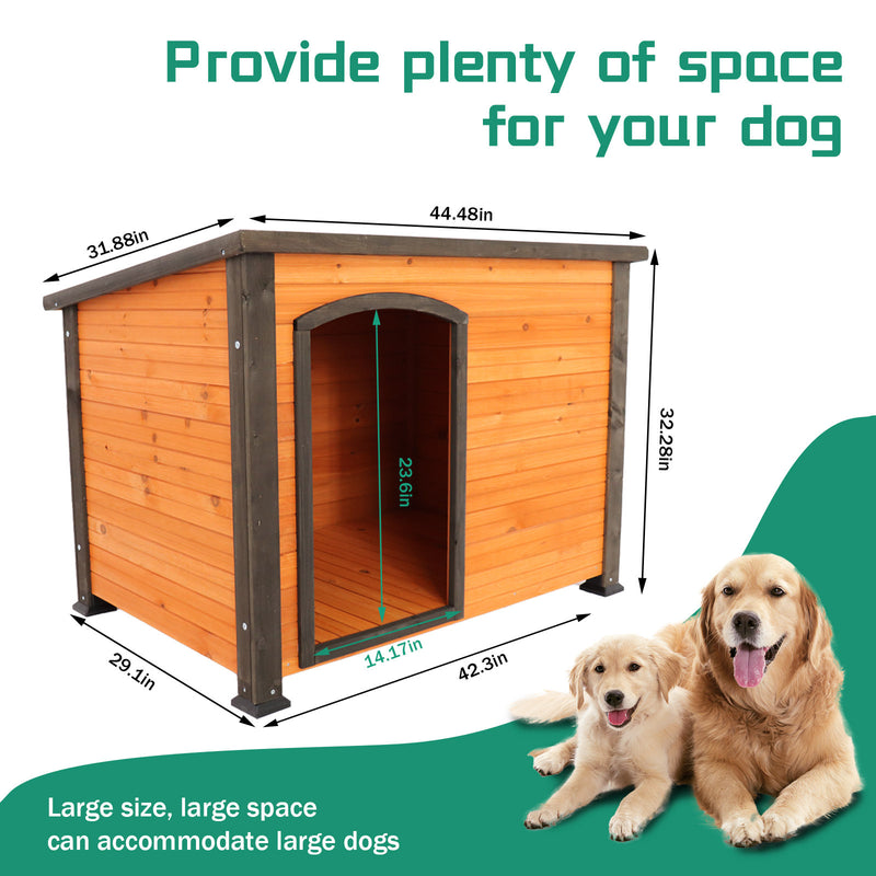45" winter warm outdoor indoor dog house, made of solid wood, plastic curtain, insulation mat.