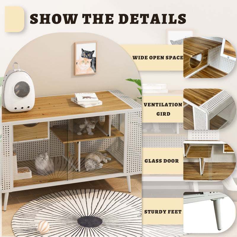 55.12 "Spacious Cat House with Tempered Glass, for Living Room, Hallway, Study and Other Spaces (White,Black)