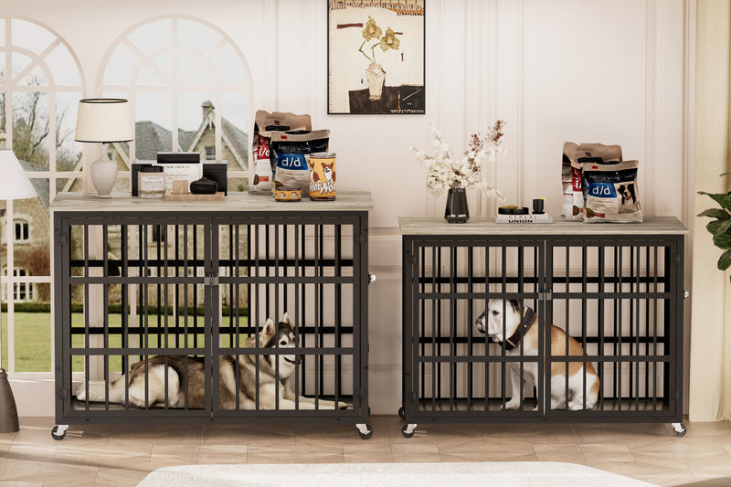 Furniture style dog crate wrought iron frame door with side openings, Rustic Brown, 43.3''W x 29.9''D x 33.5''H.