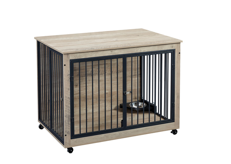 Furniture Style Dog Crate Side Table With Rotatable Feeding Bowl, Wheels, Three Doors, Flip-Up Top Opening. Indoor, Rustic Brown, Grey