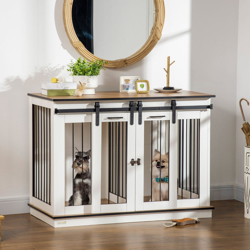 Dog Crate Furniture with Divider, Dog Crate End Table for Small to Large Dogs, Large Indoor Dog Kennel with Double Doors, 47"W x 23.5"D x 35"H, White