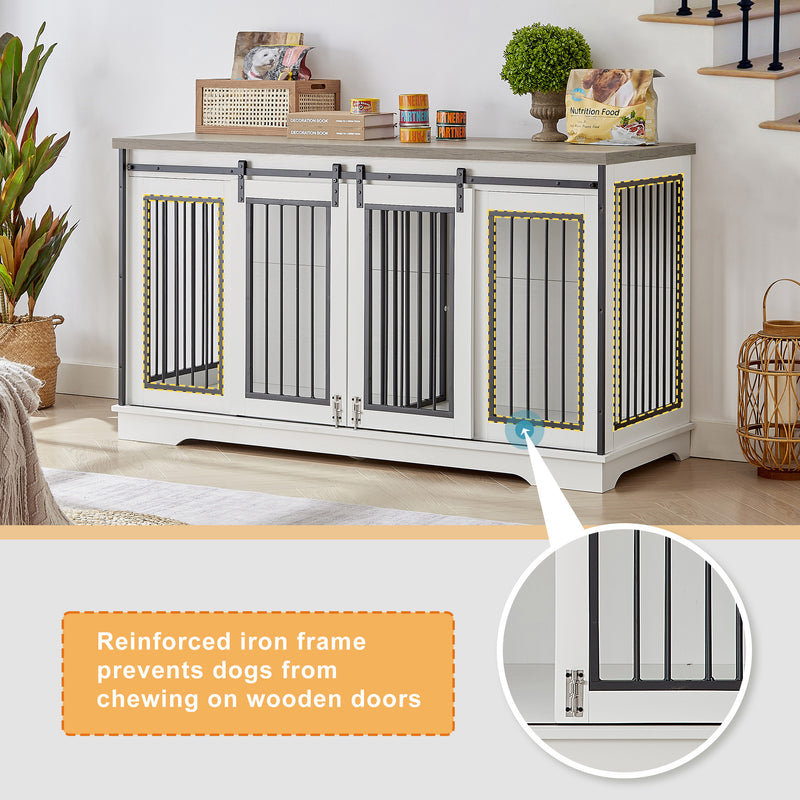 Super large TV cabinet dog crate dog cage End table, dog cage can keep two dogs.White & Grey, 60.6'' W x 22.8'' D x 33.9'' H.
