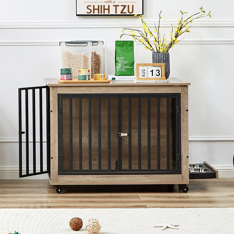 Furniture Style Dog Crate Side Table With Feeding Bowl, Wheels, Three Doors, Flip-Up Top Opening. Indoor, Rustic Brown, Grey