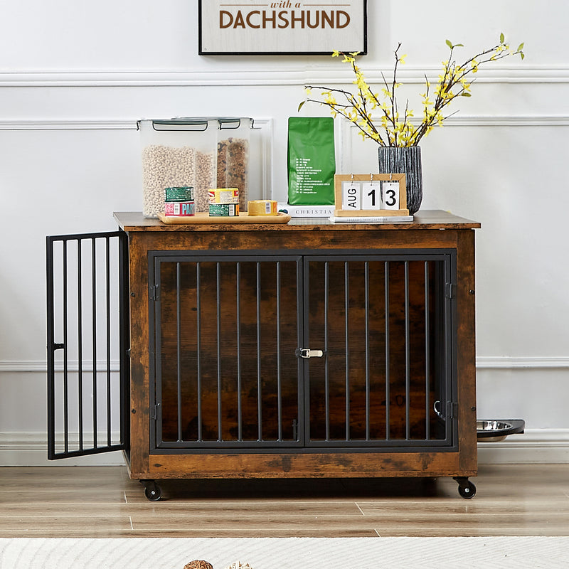 Furniture Style Dog Crate Side Table With Rotatable Feeding Bowl, Wheels, Three Doors, Flip-Up Top Opening. Indoor, Rustic Brown, Grey