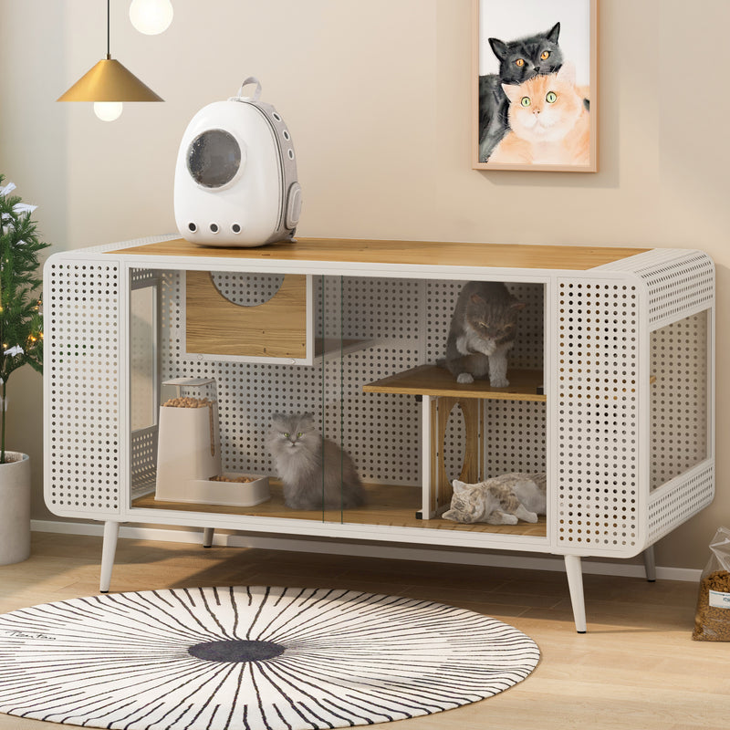 55.12 "Spacious Cat House with Tempered Glass, for Living Room, Hallway, Study and Other Spaces (White,Black)