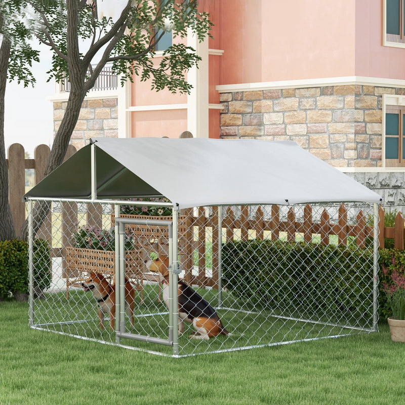 Large Dog Kennel Outside, Heavy Duty Dog Cage with Waterproof Cover, Outdoor Fence Dog Run with Galvanized Chain Link, Secure Lock, 6.6' x 6.6' x 4.9'