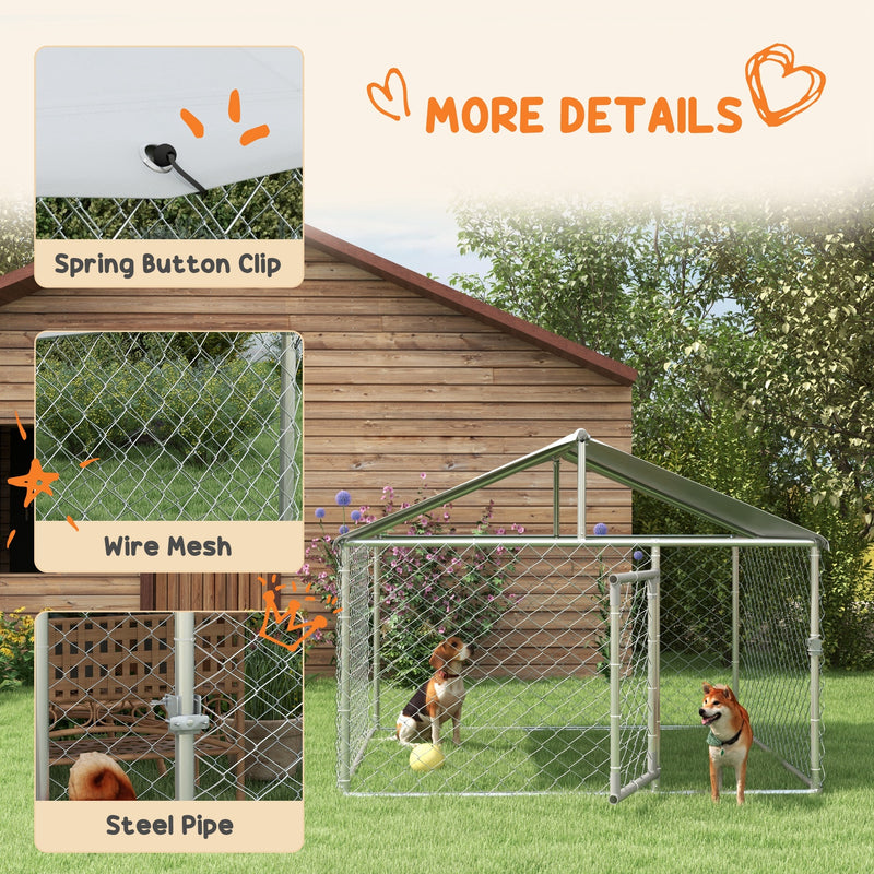 Large Dog Kennel Outside, Heavy Duty Dog Cage with Waterproof Cover, Outdoor Fence Dog Run with Galvanized Chain Link, Secure Lock, 6.6' x 6.6' x 4.9'