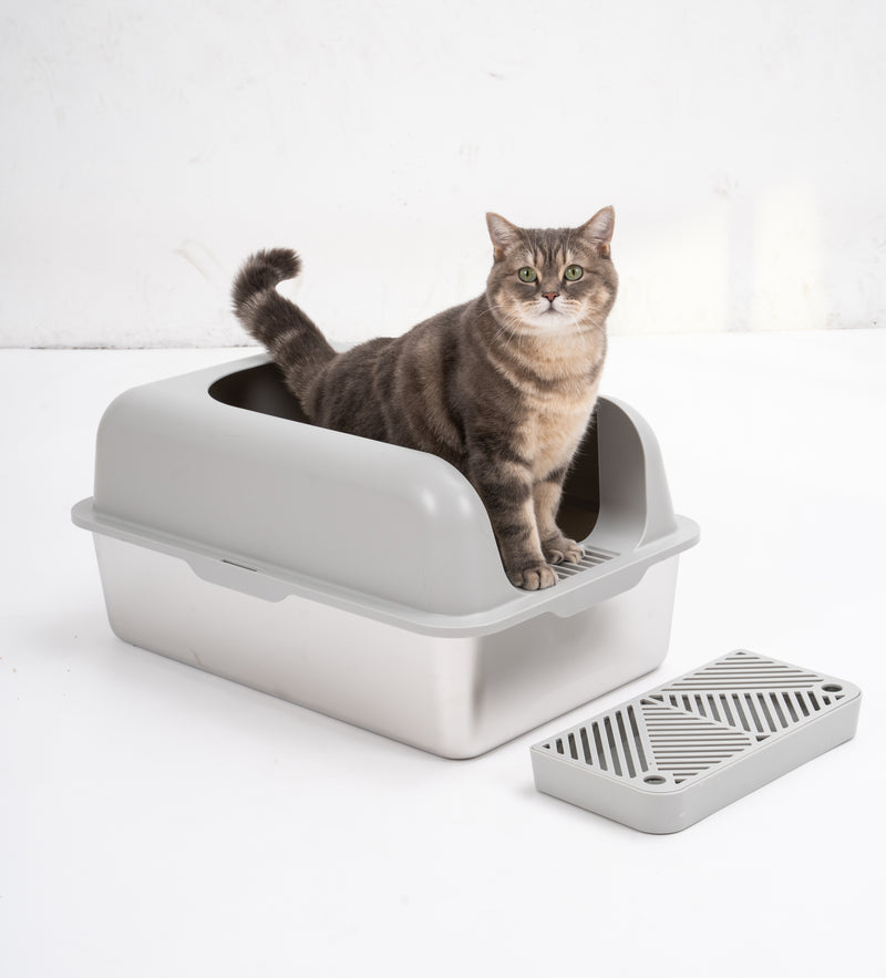 Enclosed Stainless Steel Cat Litter Box with Lid Extra Large, Litter Box for Big Cats, XL Metal Litter Pan Tray with High Wall Sides Enclosure, Non-Sticky, Anti-Leakage, Easy Clean