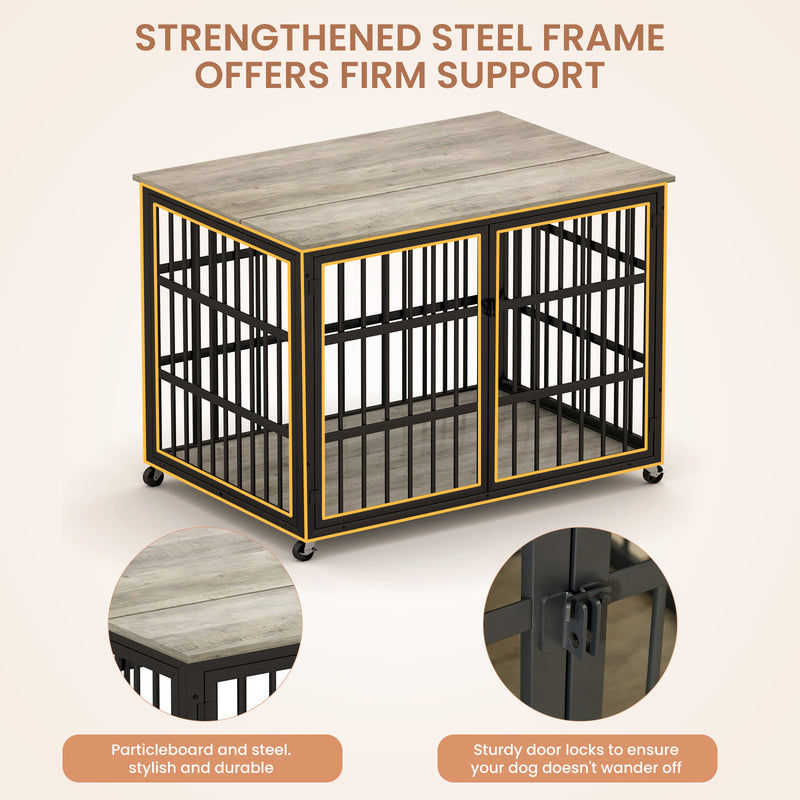 Furniture style dog crate wrought iron frame door with side openings, Rustic Brown, 43.3''W x 29.9''D x 33.5''H.