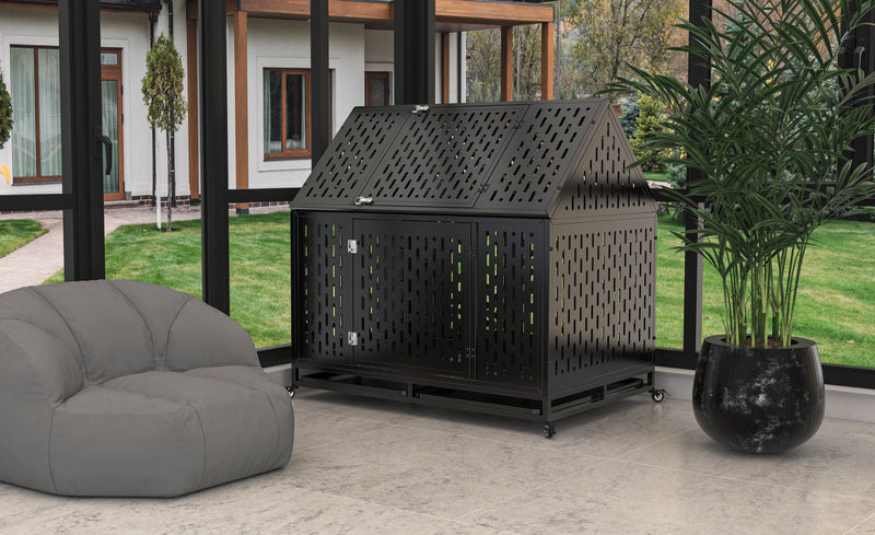 45" Heavy Duty Dog Crate 45 inch Indestructible Pet Dog Cage Crate Kennel with Roof Top 2 Doors Removable Trays, Lockable Wheels, Escape-Proof for High Anxiety Large/Extra Dogs