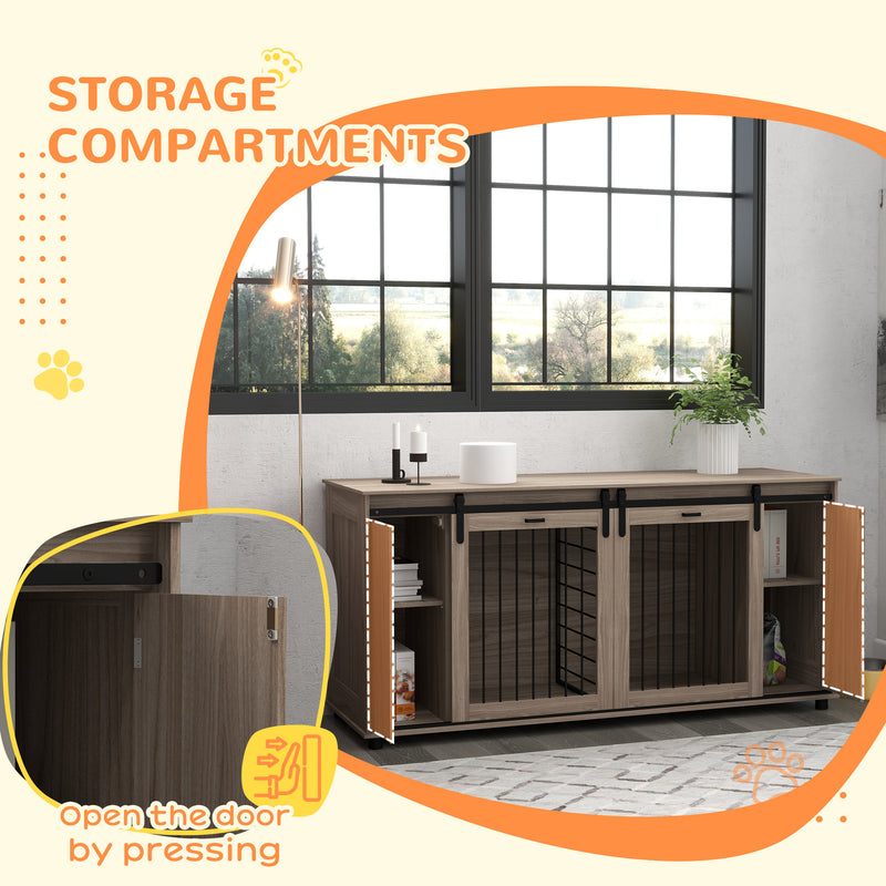 Dog Crate Furniture with Removable Divider for 2 Small Dogs or 1 Large Dog, 71" Modern Dog Kennel Furniture End Table with Storage, Double Doors, Walnut