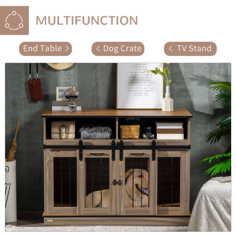 Dog Crate Furniture for Large Dogs or Double Dog Kennel for Small Dogs with Shelves, Sliding Doors, 47" x 23.5" x 35", Oak