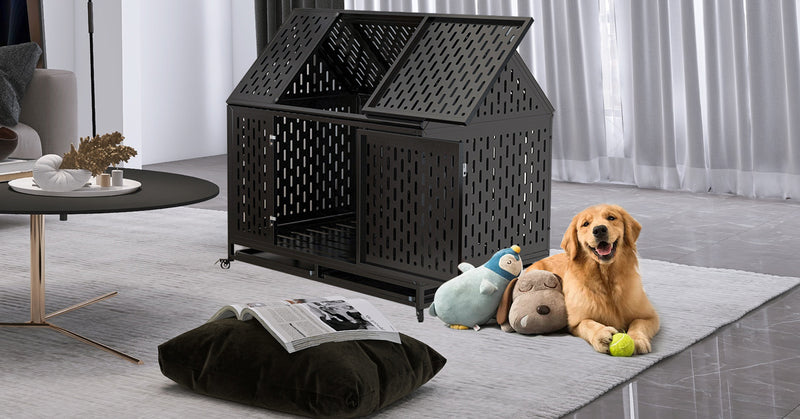 45" Heavy Duty Dog Crate 45 inch Indestructible Pet Dog Cage Crate Kennel with Roof Top 2 Doors Removable Trays, Lockable Wheels, Escape-Proof for High Anxiety Large/Extra Dogs