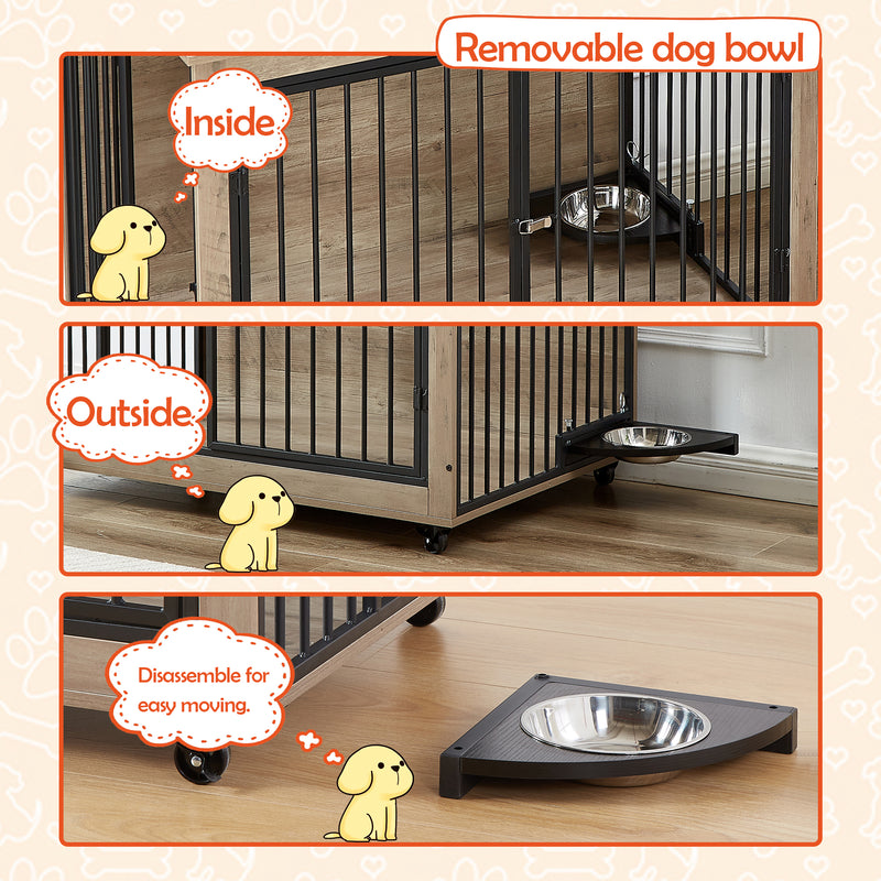 Furniture Style Dog Crate Side Table With Rotatable Feeding Bowl, Wheels, Three Doors, Flip-Up Top Opening. Indoor, Rustic Brown, Grey