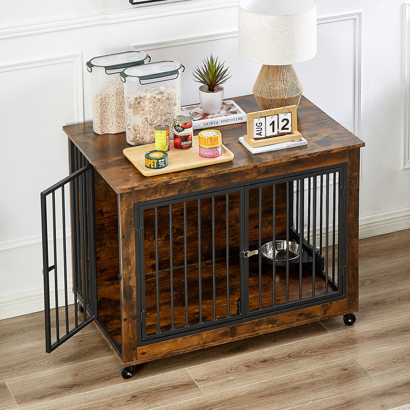 Furniture Style Dog Crate Side Table With Rotatable Feeding Bowl, Wheels, Three Doors, Flip-Up Top Opening. Indoor, Rustic Brown, Grey
