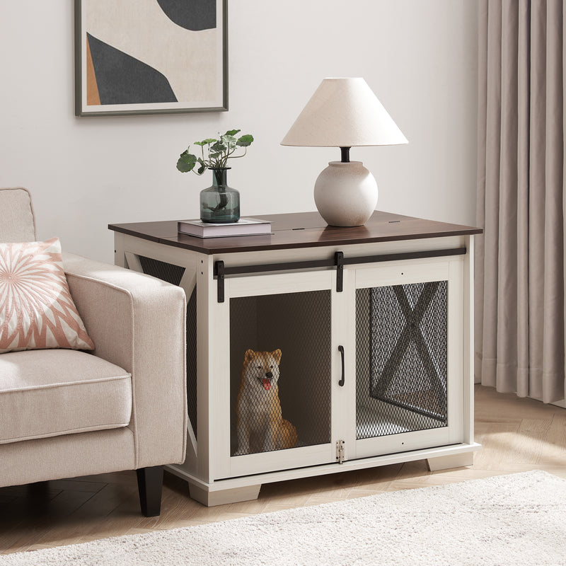 Dog Cage Crate Furniture with Sliding Barn Door, Farmhouse Wooden Dog Kennel End Table with Flip-top Plate Dog House with Detachable Divider for Small/Medium/Large Dog