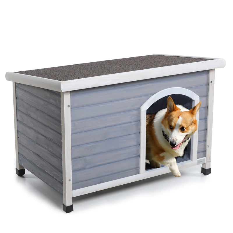 Medium Wooden Outdoor Dog House, Waterproof Roof, Elevated Floor, Adjustable Plastic Feet, Red, Grey, Yellow