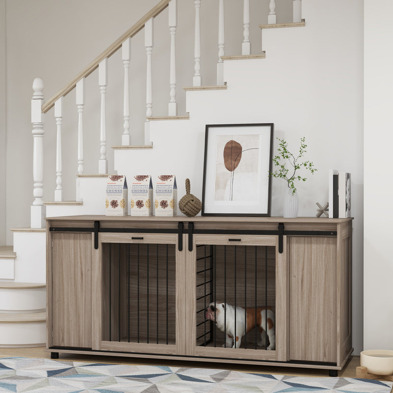 Dog Crate Furniture with Removable Divider for 2 Small Dogs or 1 Large Dog, 71" Modern Dog Kennel Furniture End Table with Storage, Double Doors, Walnut