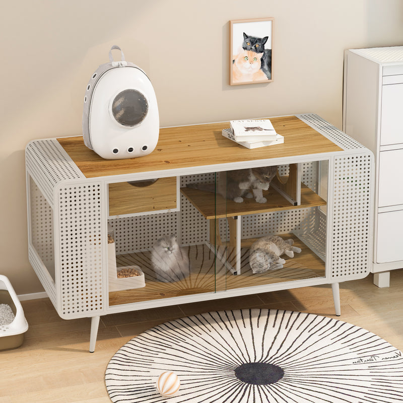 55.12 "Spacious Cat House with Tempered Glass, for Living Room, Hallway, Study and Other Spaces (White,Black)