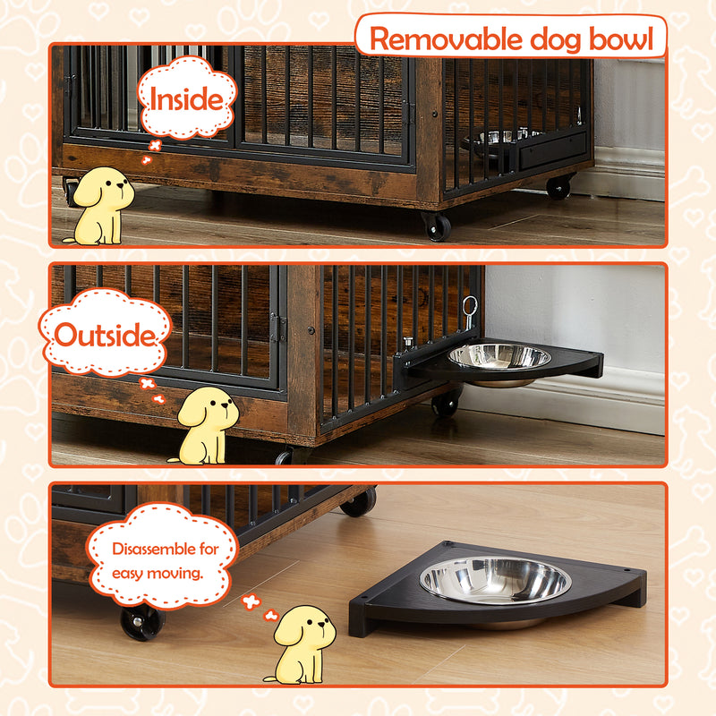 Furniture Style Dog Crate Side Table With Rotatable Feeding Bowl, Wheels, Three Doors, Flip-Up Top Opening. Indoor, Rustic Brown, Grey