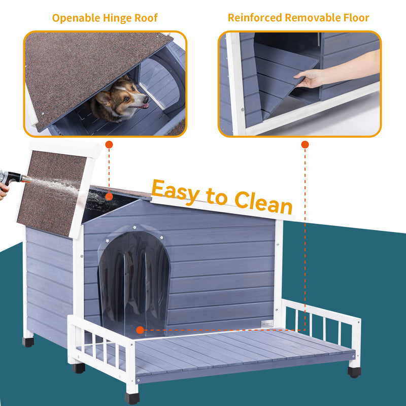 Large Wooden Dog House Indoor Outdoor with Terrace and Open Waterproof Asphalt Roof, Outdoor Dog House with Raised Floor, Windows and Door Curtains, Suitable for Small and Medium Dogs
