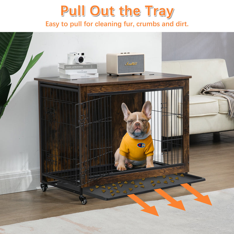 Dog Crate Furniture , Heavy Duty Wooden Dog Kennel with Double Doors & Flip-Top for Large Dogs, Furniture Style Dog Crate End Table with Wheels