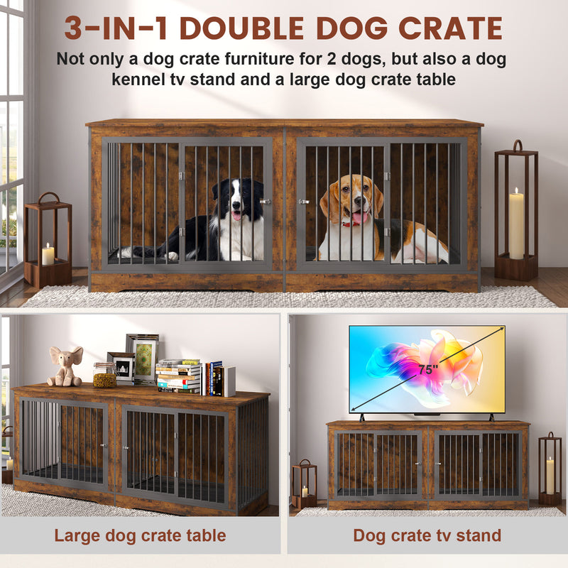 75 Inch Brown Large Double Dog Crate Furniture for 2 Dogs Durable 3-in-1 Dog Crate TV Stand with Trays and Divider, Dog Kennel Indoor