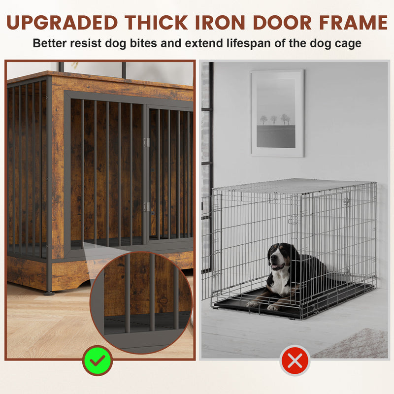 75 Inch Brown Large Double Dog Crate Furniture for 2 Dogs Durable 3-in-1 Dog Crate TV Stand with Trays and Divider, Dog Kennel Indoor