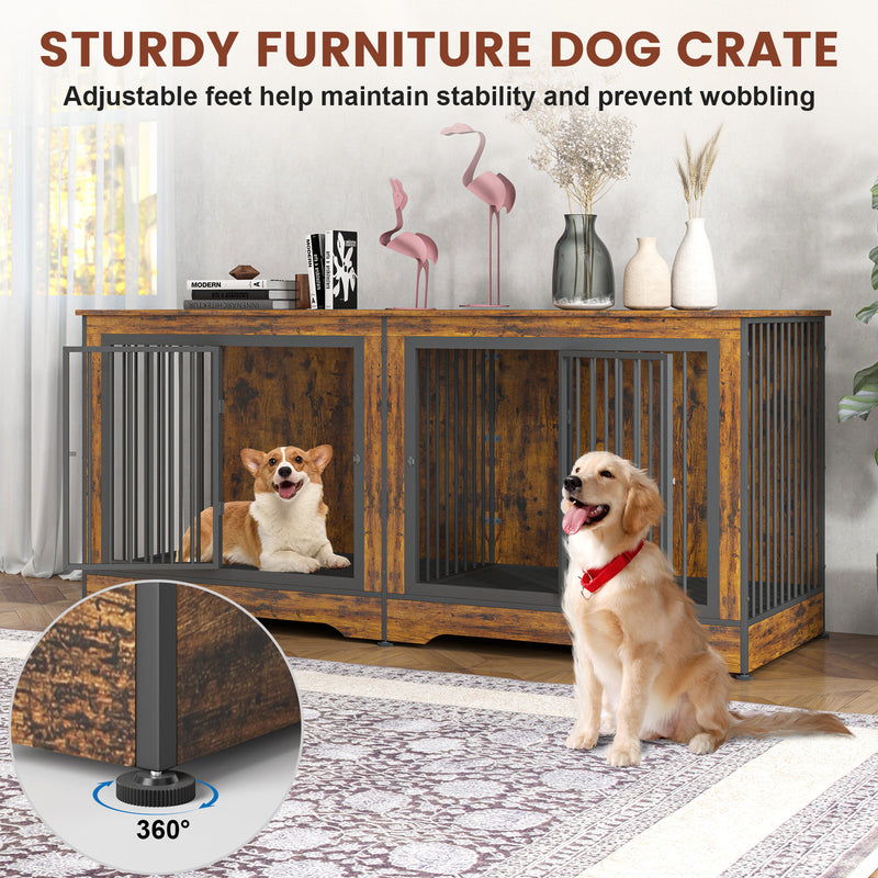 75 Inch Brown Large Double Dog Crate Furniture for 2 Dogs Durable 3-in-1 Dog Crate TV Stand with Trays and Divider, Dog Kennel Indoor