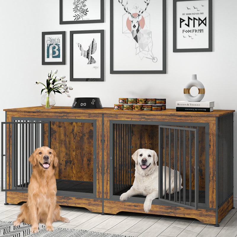 75 Inch Brown Large Double Dog Crate Furniture for 2 Dogs Durable 3-in-1 Dog Crate TV Stand with Trays and Divider, Dog Kennel Indoor